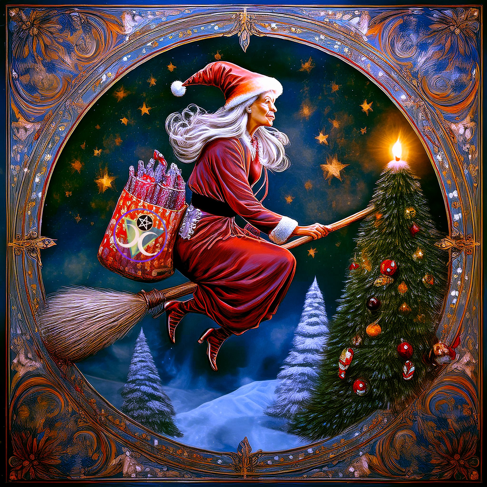 A Witch dressed as Santa Claus riding on a broom stick