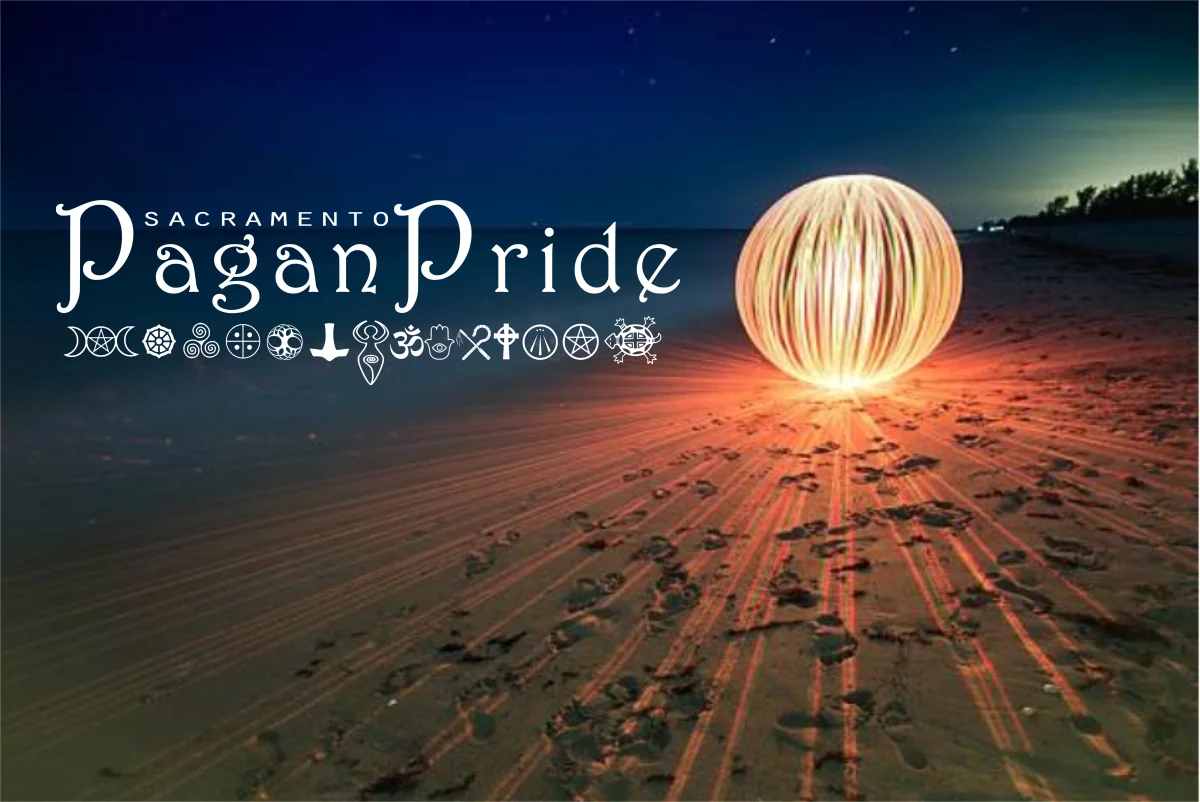 Sacramento Pagan Pride logo with various Pagan symbols